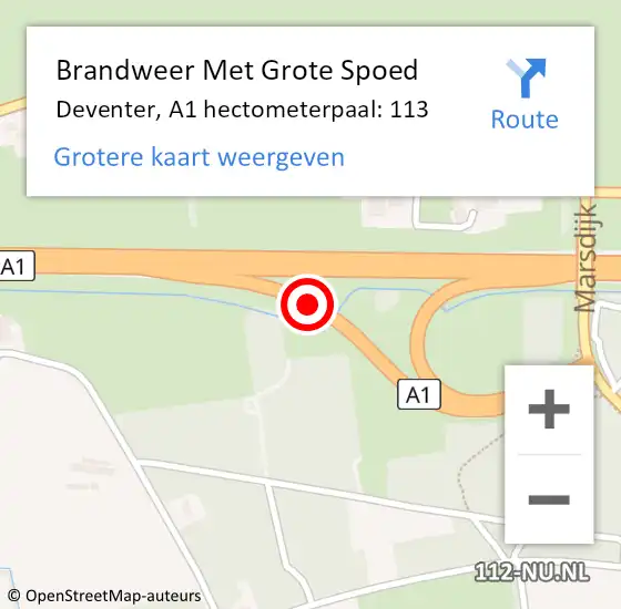 Locatie op kaart van de 112 melding: Brandweer Met Grote Spoed Naar Deventer, A1 hectometerpaal: 113 op 12 mei 2023 16:34