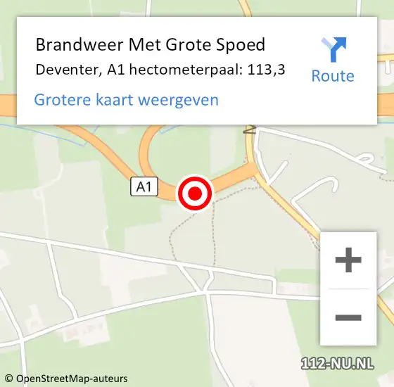 Locatie op kaart van de 112 melding: Brandweer Met Grote Spoed Naar Deventer, A1 hectometerpaal: 113,3 op 12 mei 2023 16:40