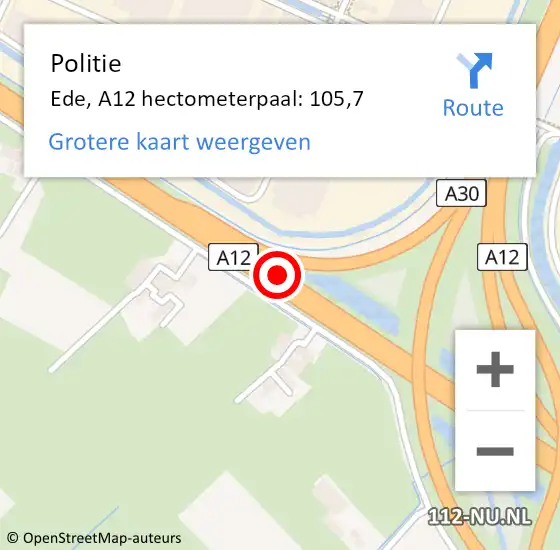 Locatie op kaart van de 112 melding: Politie Ede, A12 hectometerpaal: 105,7 op 12 mei 2023 16:54