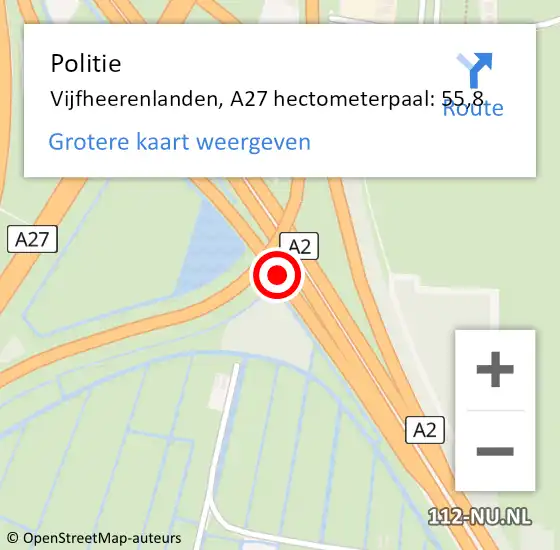Locatie op kaart van de 112 melding: Politie Vijfheerenlanden, A27 hectometerpaal: 55,8 op 12 mei 2023 17:14