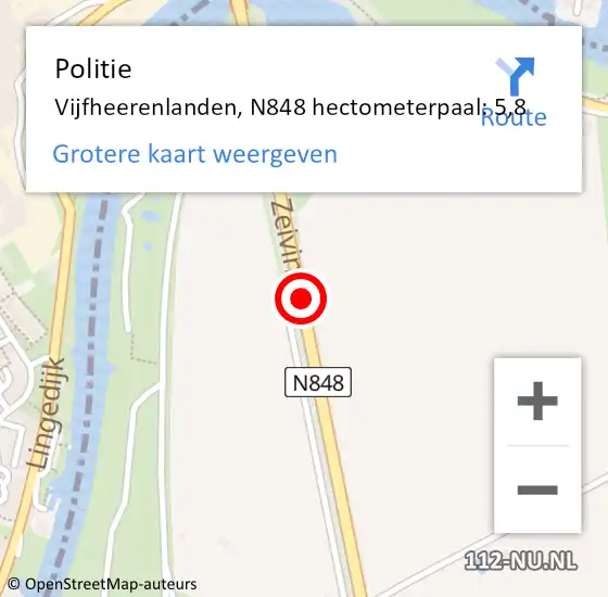 Locatie op kaart van de 112 melding: Politie Vijfheerenlanden, N848 hectometerpaal: 5,8 op 12 mei 2023 17:41