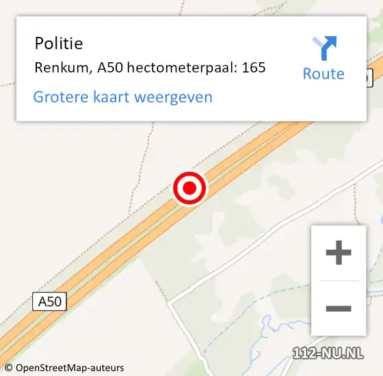 Locatie op kaart van de 112 melding: Politie Renkum, A50 hectometerpaal: 165 op 12 mei 2023 17:48