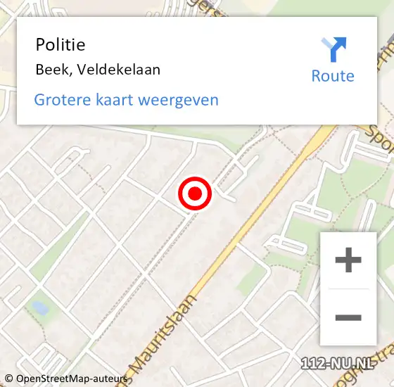 Locatie op kaart van de 112 melding: Politie Beek, Veldekelaan op 12 mei 2023 17:50