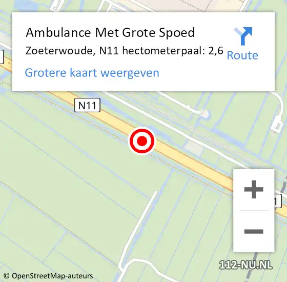 Locatie op kaart van de 112 melding: Ambulance Met Grote Spoed Naar Zoeterwoude, N11 hectometerpaal: 2,6 op 12 mei 2023 18:22