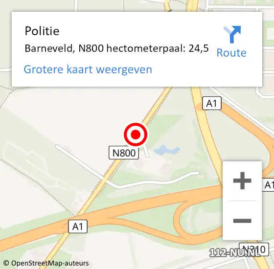 Locatie op kaart van de 112 melding: Politie Barneveld, N800 hectometerpaal: 24,5 op 12 mei 2023 18:50