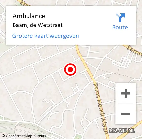 Locatie op kaart van de 112 melding: Ambulance Baarn, de Wetstraat op 12 oktober 2013 15:56