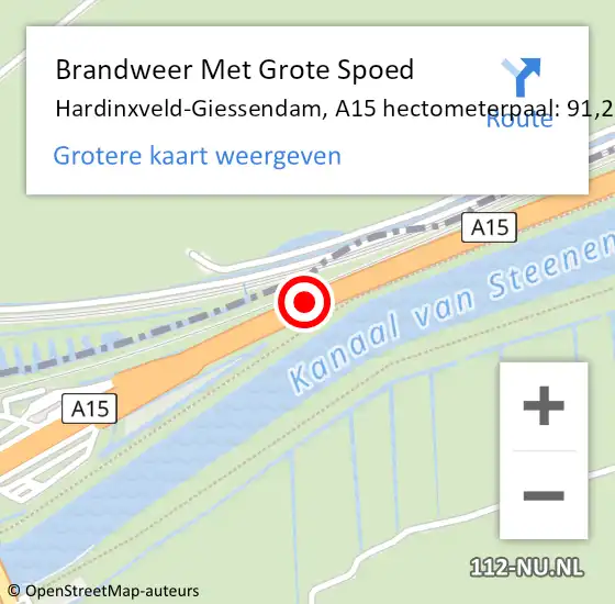 Locatie op kaart van de 112 melding: Brandweer Met Grote Spoed Naar Hardinxveld-Giessendam, A15 hectometerpaal: 91,2 op 13 mei 2023 00:05