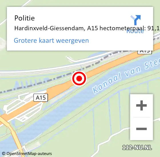 Locatie op kaart van de 112 melding: Politie Hardinxveld-Giessendam, A15 hectometerpaal: 91,1 op 13 mei 2023 00:05