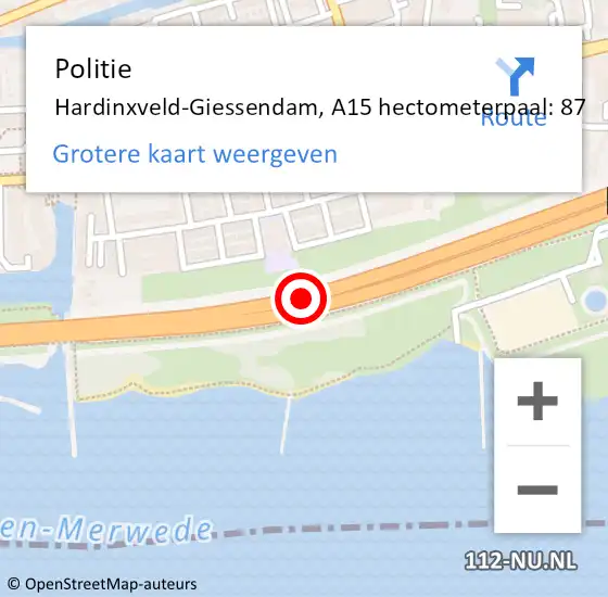 Locatie op kaart van de 112 melding: Politie Hardinxveld-Giessendam, A15 hectometerpaal: 87 op 13 mei 2023 00:07