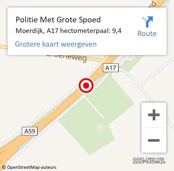 Locatie op kaart van de 112 melding: Politie Met Grote Spoed Naar Moerdijk, A17 hectometerpaal: 9,4 op 13 mei 2023 00:45