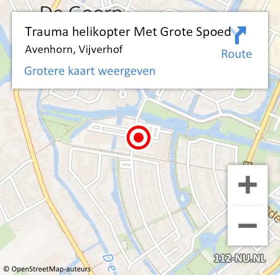 Locatie op kaart van de 112 melding: Trauma helikopter Met Grote Spoed Naar Avenhorn, Vijverhof op 13 mei 2023 00:47