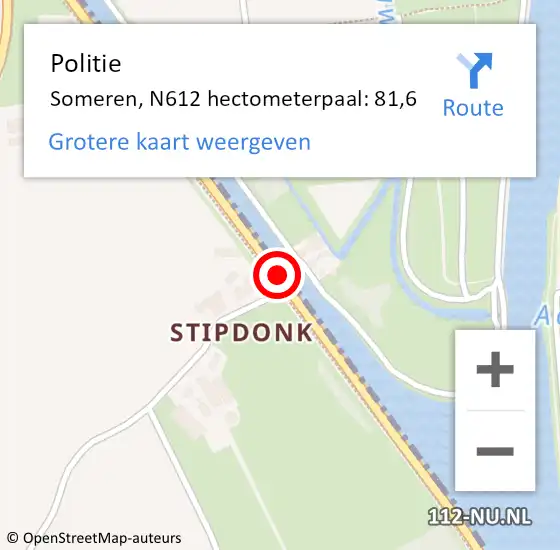 Locatie op kaart van de 112 melding: Politie Someren, N612 hectometerpaal: 81,6 op 13 mei 2023 07:07