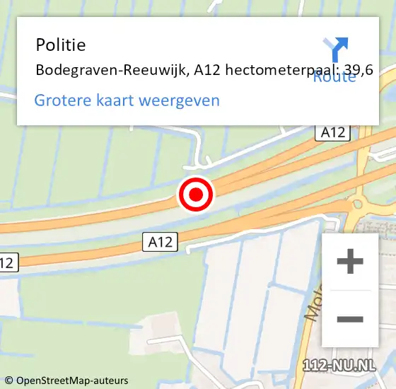 Locatie op kaart van de 112 melding: Politie Bodegraven-Reeuwijk, A12 hectometerpaal: 39,6 op 13 mei 2023 09:55