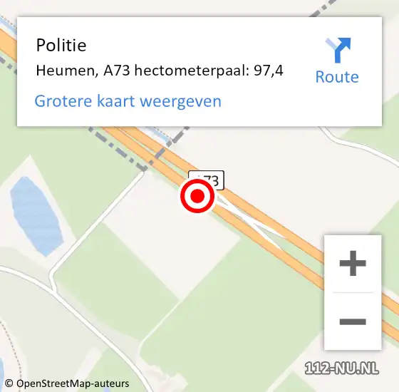 Locatie op kaart van de 112 melding: Politie Heumen, A73 hectometerpaal: 97,4 op 13 mei 2023 12:07