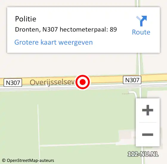 Locatie op kaart van de 112 melding: Politie Dronten, N307 hectometerpaal: 89 op 13 mei 2023 13:46