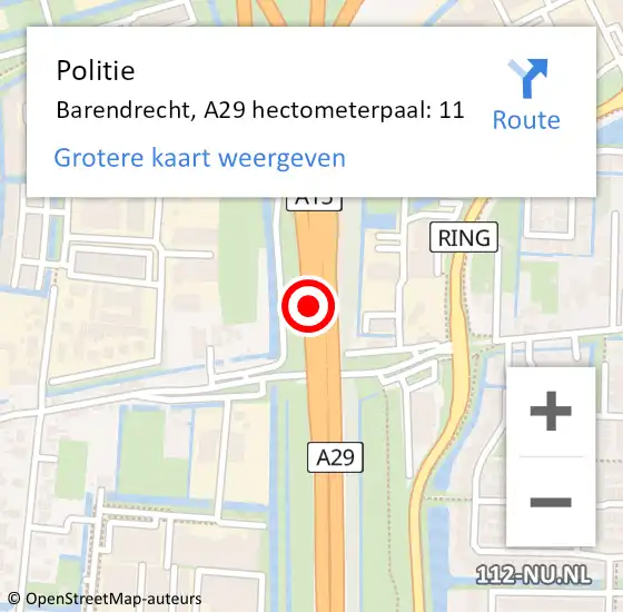 Locatie op kaart van de 112 melding: Politie Barendrecht, A29 hectometerpaal: 11 op 13 mei 2023 13:58