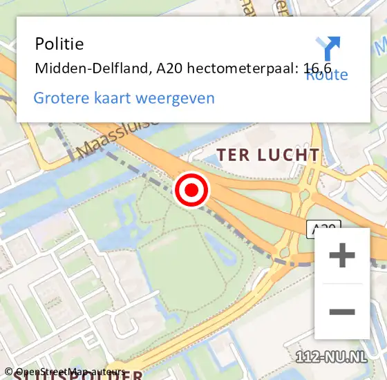 Locatie op kaart van de 112 melding: Politie Midden-Delfland, A20 hectometerpaal: 16,6 op 13 mei 2023 14:49