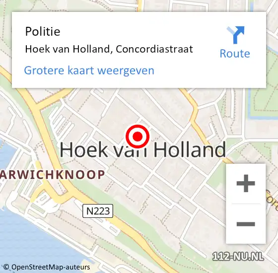 Locatie op kaart van de 112 melding: Politie Hoek van Holland, Concordiastraat op 13 mei 2023 15:56
