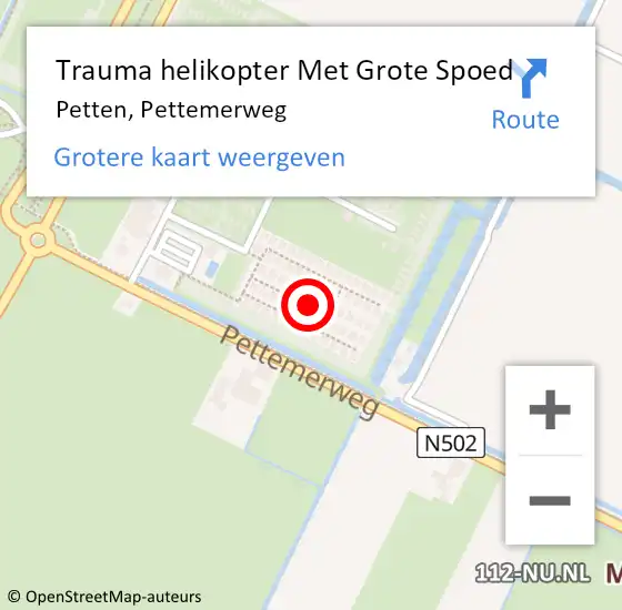 Locatie op kaart van de 112 melding: Trauma helikopter Met Grote Spoed Naar Petten, Pettemerweg op 13 mei 2023 15:58