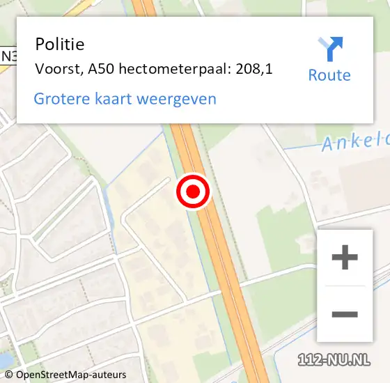 Locatie op kaart van de 112 melding: Politie Voorst, A50 hectometerpaal: 208,1 op 13 mei 2023 16:12