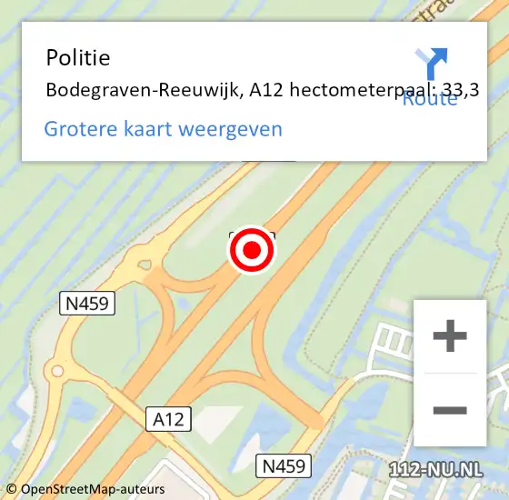 Locatie op kaart van de 112 melding: Politie Bodegraven-Reeuwijk, A12 hectometerpaal: 33,3 op 13 mei 2023 16:12