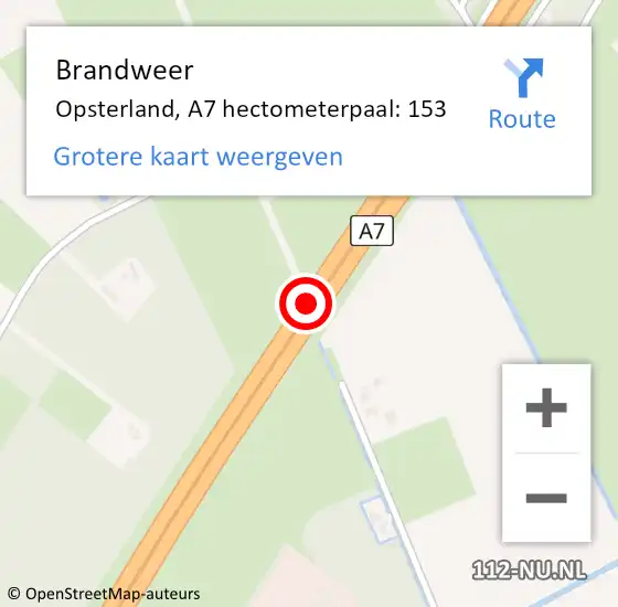 Locatie op kaart van de 112 melding: Brandweer Opsterland, A7 hectometerpaal: 153 op 13 mei 2023 16:57