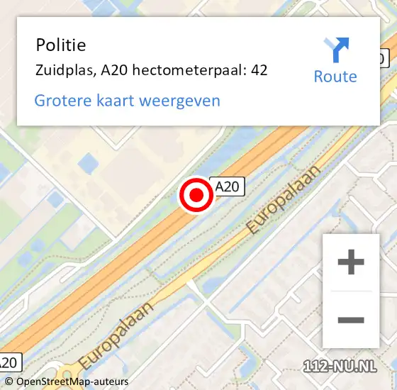 Locatie op kaart van de 112 melding: Politie Zuidplas, A20 hectometerpaal: 42 op 13 mei 2023 17:03