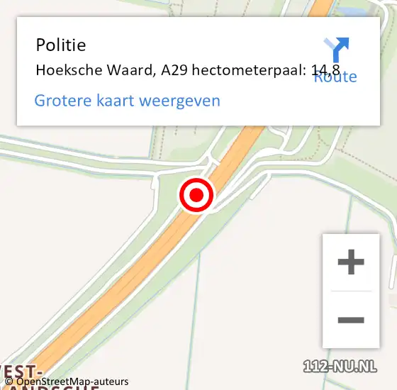 Locatie op kaart van de 112 melding: Politie Hoeksche Waard, A29 hectometerpaal: 14,8 op 13 mei 2023 19:17