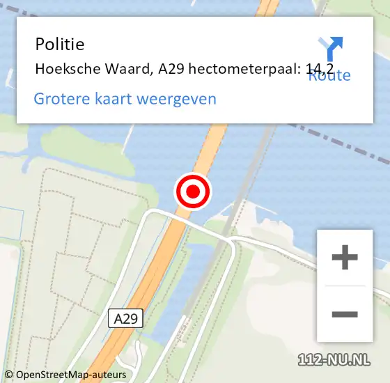 Locatie op kaart van de 112 melding: Politie Hoeksche Waard, A29 hectometerpaal: 14,2 op 13 mei 2023 19:20