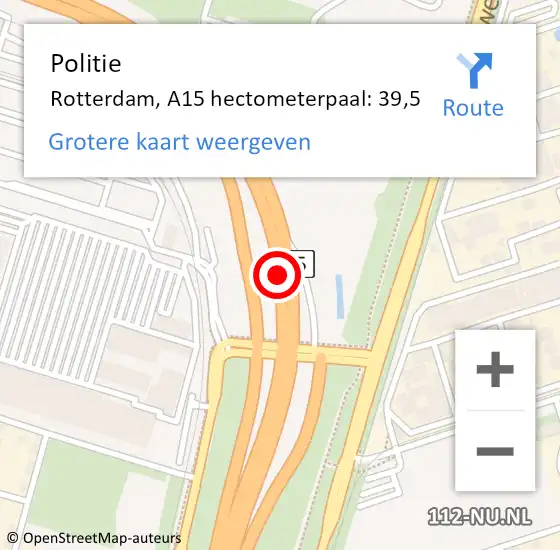 Locatie op kaart van de 112 melding: Politie Rotterdam, A15 hectometerpaal: 39,5 op 13 mei 2023 20:37