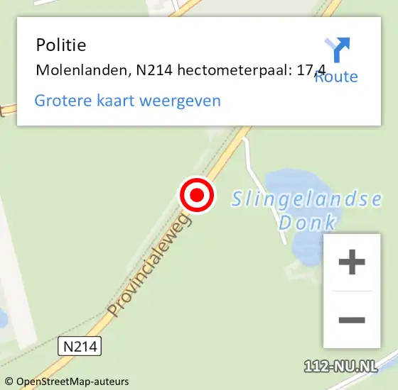 Locatie op kaart van de 112 melding: Politie Molenlanden, N214 hectometerpaal: 17,4 op 13 mei 2023 22:02