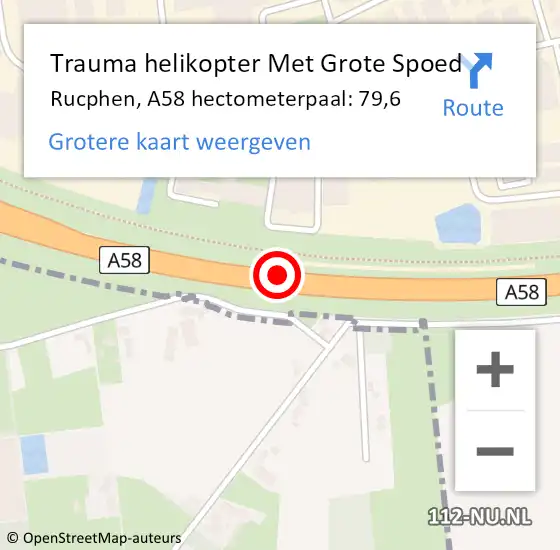 Locatie op kaart van de 112 melding: Trauma helikopter Met Grote Spoed Naar Rucphen, A58 hectometerpaal: 79,6 op 13 mei 2023 22:58