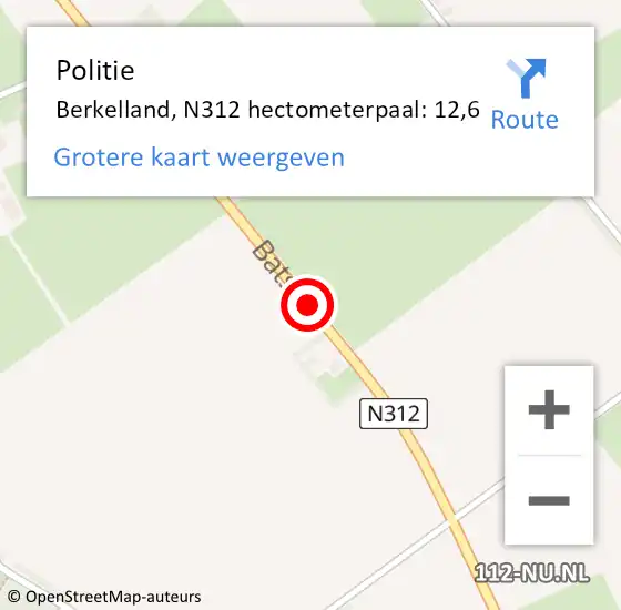 Locatie op kaart van de 112 melding: Politie Berkelland, N312 hectometerpaal: 12,6 op 14 mei 2023 04:55