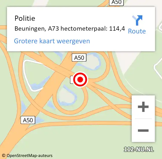 Locatie op kaart van de 112 melding: Politie Beuningen, A73 hectometerpaal: 114,4 op 14 mei 2023 07:33