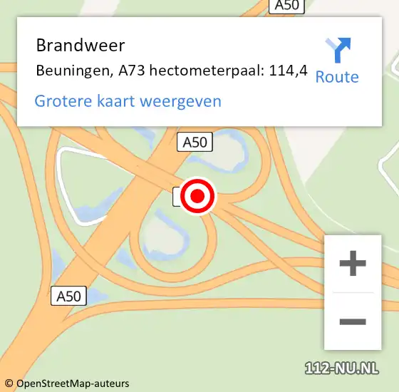 Locatie op kaart van de 112 melding: Brandweer Beuningen, A73 hectometerpaal: 114,4 op 14 mei 2023 07:41