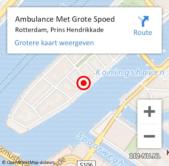Locatie op kaart van de 112 melding: Ambulance Met Grote Spoed Naar Rotterdam, Prins Hendrikkade op 14 mei 2023 07:46
