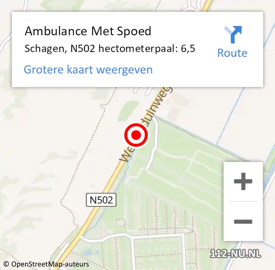 Locatie op kaart van de 112 melding: Ambulance Met Spoed Naar Schagen, N502 hectometerpaal: 6,5 op 14 mei 2023 10:59