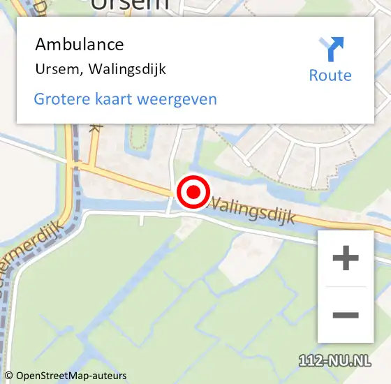 Locatie op kaart van de 112 melding: Ambulance Ursem, Walingsdijk op 14 mei 2023 11:46