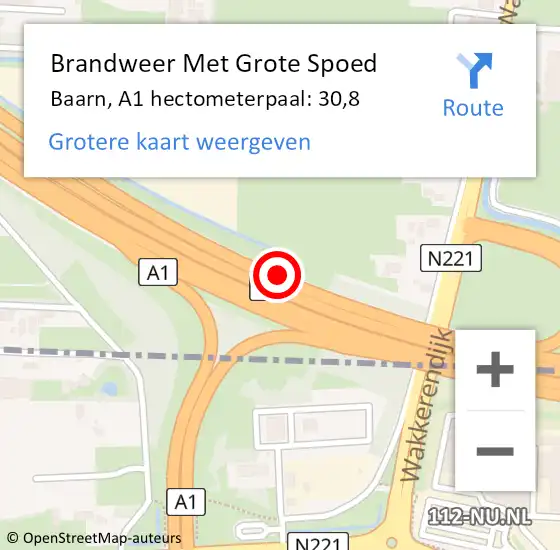 Locatie op kaart van de 112 melding: Brandweer Met Grote Spoed Naar Baarn, A1 hectometerpaal: 30,8 op 14 mei 2023 12:18
