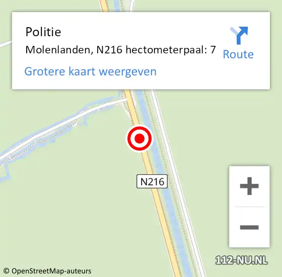 Locatie op kaart van de 112 melding: Politie Molenlanden, N216 hectometerpaal: 7 op 14 mei 2023 14:11