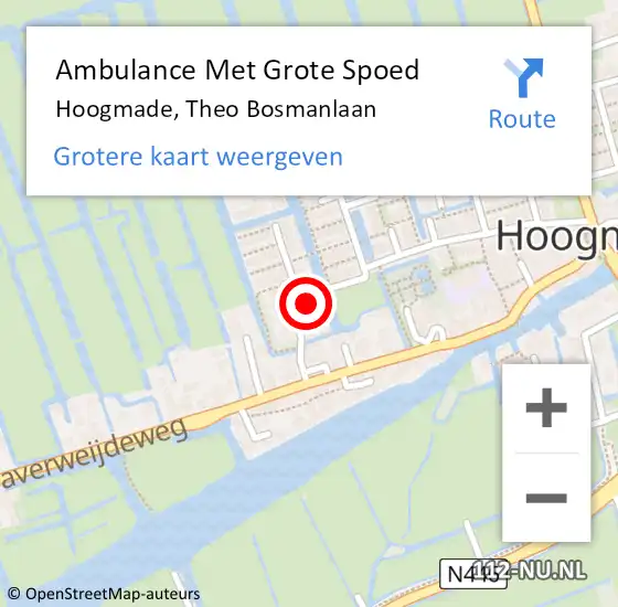 Locatie op kaart van de 112 melding: Ambulance Met Grote Spoed Naar Hoogmade, Theo Bosmanlaan op 14 mei 2023 14:28