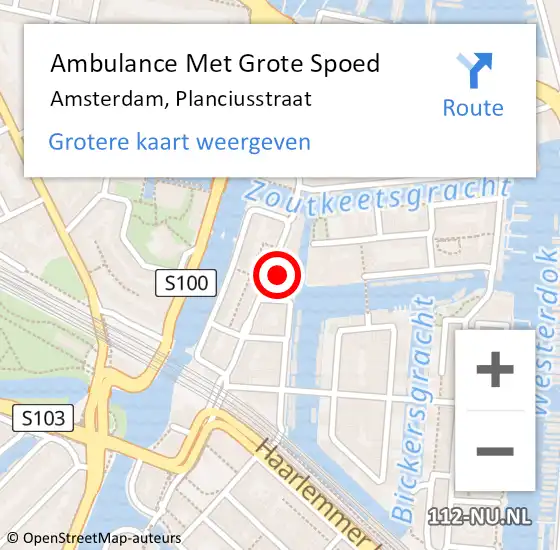 Locatie op kaart van de 112 melding: Ambulance Met Grote Spoed Naar Amsterdam, Planciusstraat op 14 mei 2023 15:16