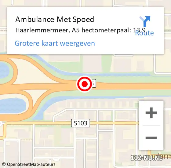 Locatie op kaart van de 112 melding: Ambulance Met Spoed Naar Haarlemmermeer, A5 hectometerpaal: 13,9 op 14 mei 2023 15:38