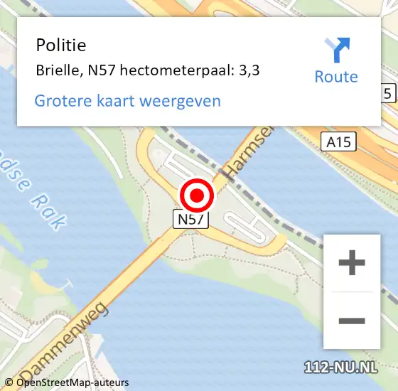 Locatie op kaart van de 112 melding: Politie Brielle, N57 hectometerpaal: 3,3 op 14 mei 2023 16:37