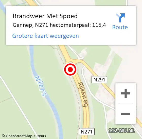 Locatie op kaart van de 112 melding: Brandweer Met Spoed Naar Gennep, N271 hectometerpaal: 115,4 op 14 mei 2023 17:01