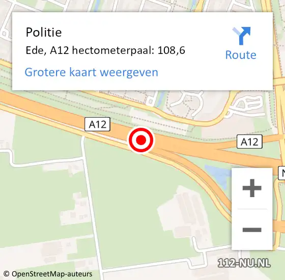 Locatie op kaart van de 112 melding: Politie Ede, A12 hectometerpaal: 108,6 op 14 mei 2023 17:22