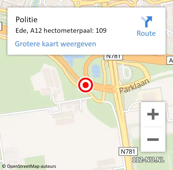 Locatie op kaart van de 112 melding: Politie Ede, A12 hectometerpaal: 109 op 14 mei 2023 17:24