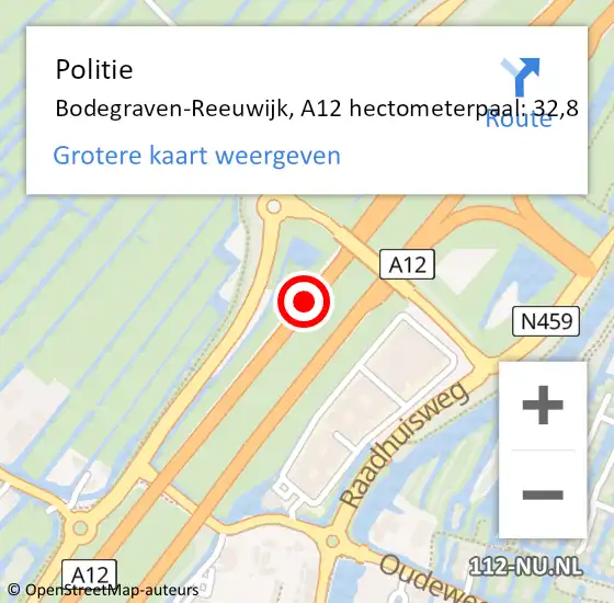 Locatie op kaart van de 112 melding: Politie Bodegraven-Reeuwijk, A12 hectometerpaal: 32,8 op 14 mei 2023 17:32