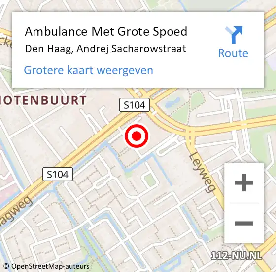 Locatie op kaart van de 112 melding: Ambulance Met Grote Spoed Naar Den Haag, Andrej Sacharowstraat op 14 mei 2023 19:05