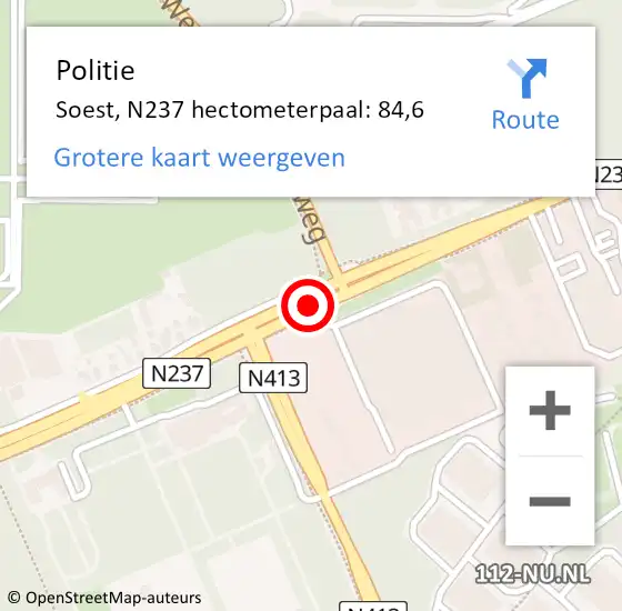 Locatie op kaart van de 112 melding: Politie Soest, N237 hectometerpaal: 84,6 op 14 mei 2023 20:42